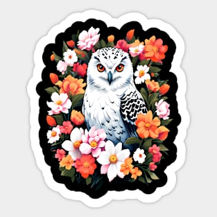 Cute Snowy Owl Surrounded by Bold Vibrant Spring Flowers Sticker